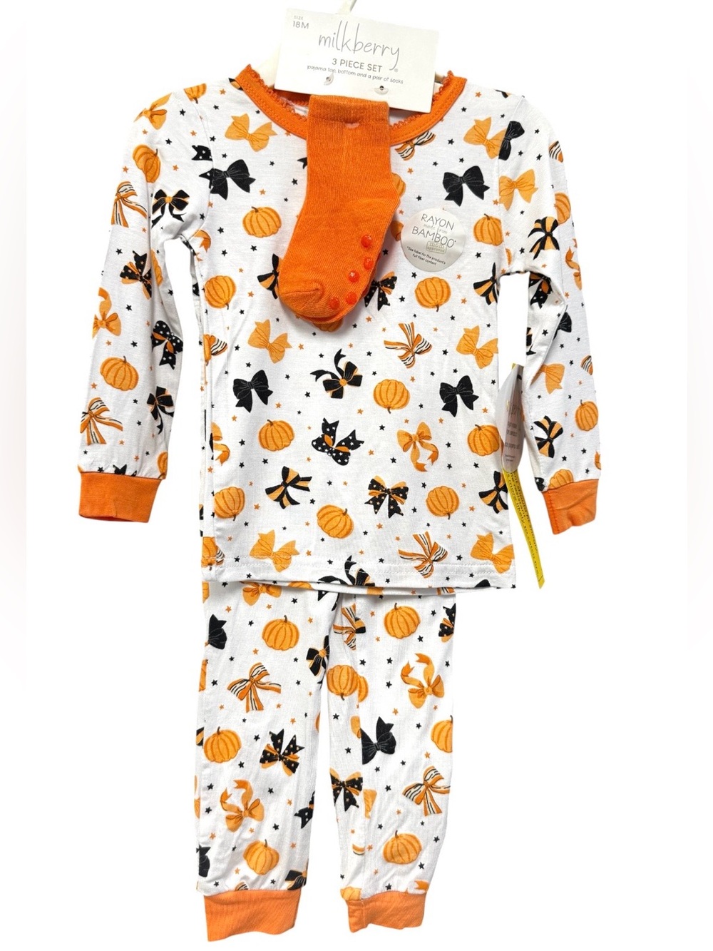 Milkberry Pumpkin and Bows Print Girls Soft Bamboo Pajama Set 18mo.NWT